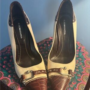BCBGMaxAzria Cream and Brown Leather-Trim Pointed-Toe Pumps